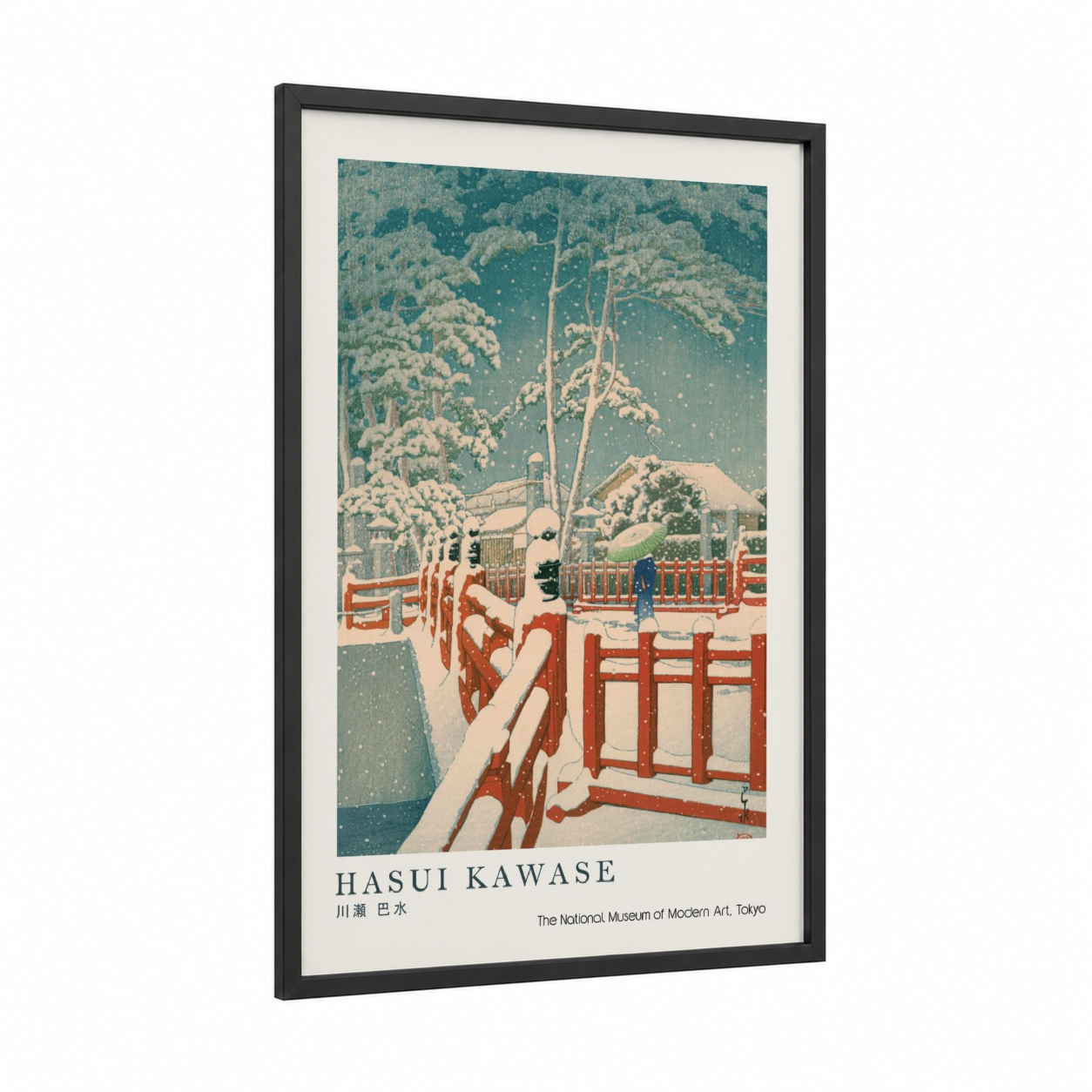 Snowy Temple Bridge framed winter print — black wood frame — teal and cream palette