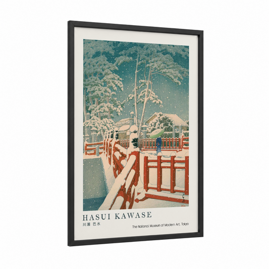 Snowy Temple Bridge framed winter print — black wood frame — teal and cream palette