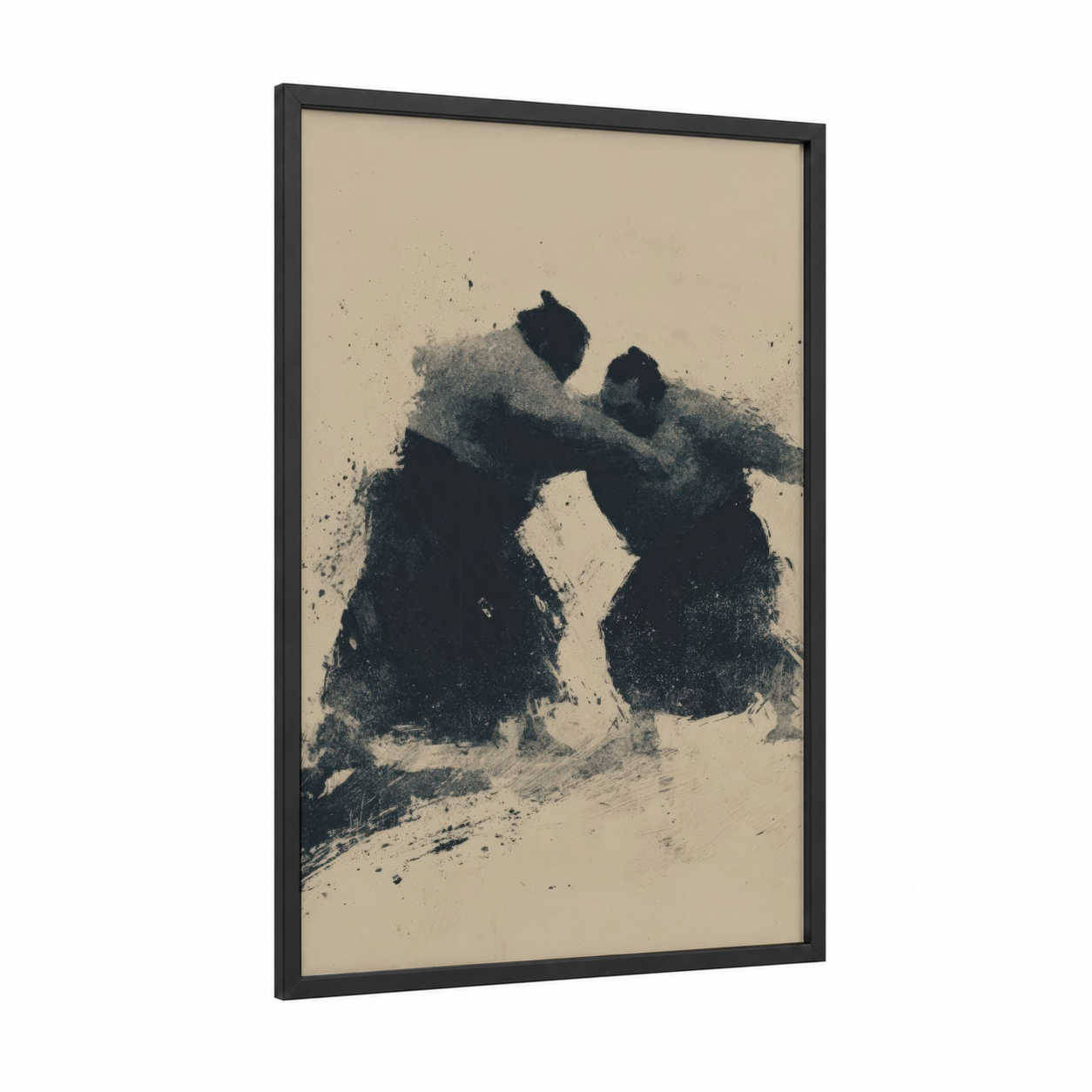 Powerful Sumo Clash framed art print — black wood frame — black and white and beige palette