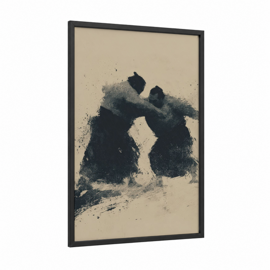 Powerful Sumo Clash framed art print — black wood frame — black and white and beige palette