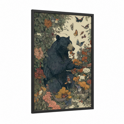 Butterfly Sloth Bear framed art print — black wood frame — dark blue and gold palette