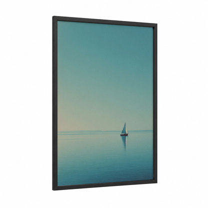 Solitary Sailboat framed sailing ship print — black wood frame — teal and cream palette