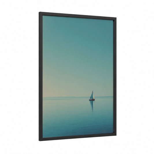 Solitary Sailboat framed sailing ship print — black wood frame — teal and cream palette