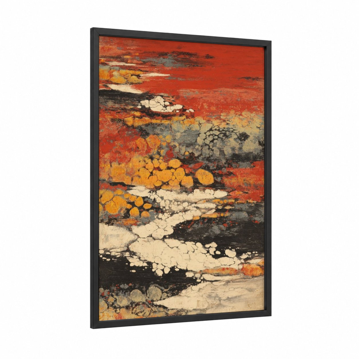 Crimson Volcano Flow framed art print — black wood frame — red and orange palette