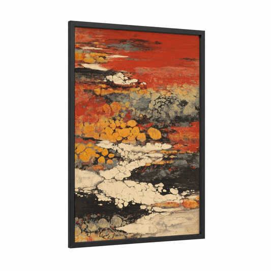 Crimson Volcano Flow framed art print — black wood frame — red and orange palette