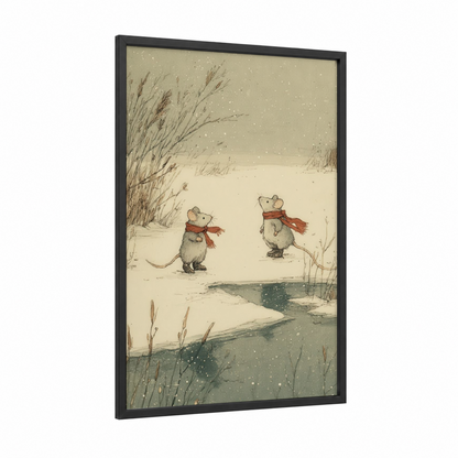 Winter Mice Friends framed art print — black wood frame — cream and sage green palette
