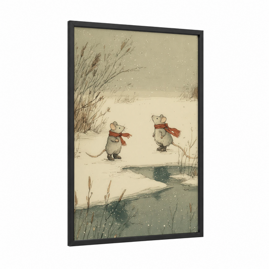 Winter Mice Friends framed art print — black wood frame — cream and sage green palette