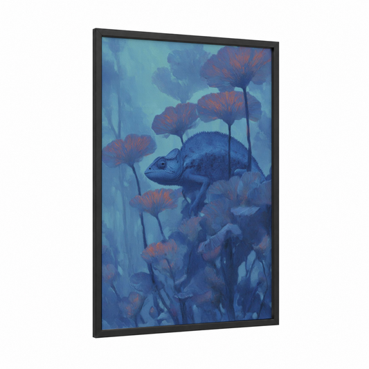 Crimson Chameleon framed art print — black wood frame — blue and red palette