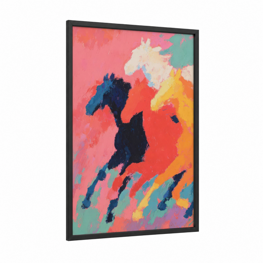 Racing Silhouette framed horse racing print — black wood frame — pink and orange palette