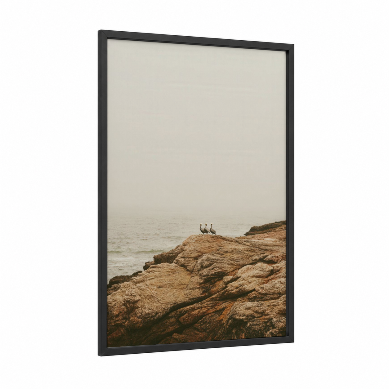 Coastal Pelicans framed art print — black wood frame — beige and gray palette