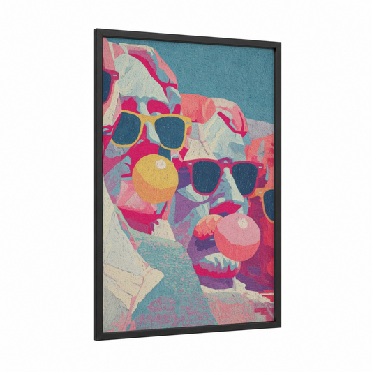 Vibrant Monument Celebration framed monuments print — black wood frame — magenta and teal palette