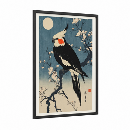 Moonlit Cockatiel framed art print — black wood frame — dark blue and cream palette