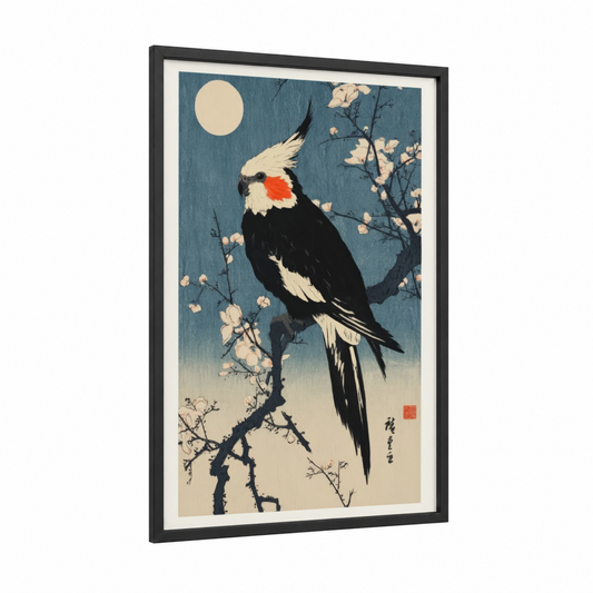 Moonlit Cockatiel framed art print — black wood frame — dark blue and cream palette