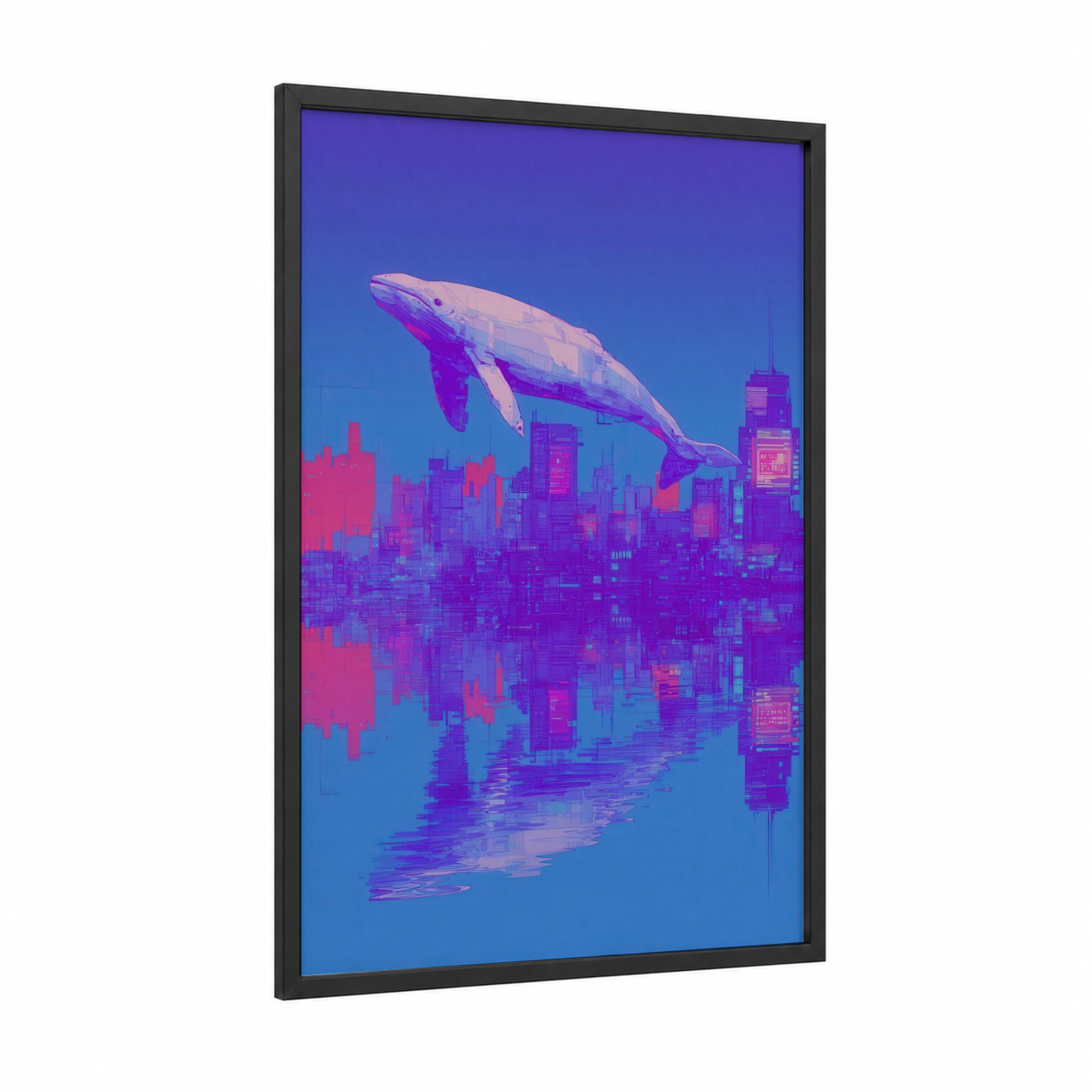 Neon Beluga framed beluga whale print — black wood frame — magenta and blue palette