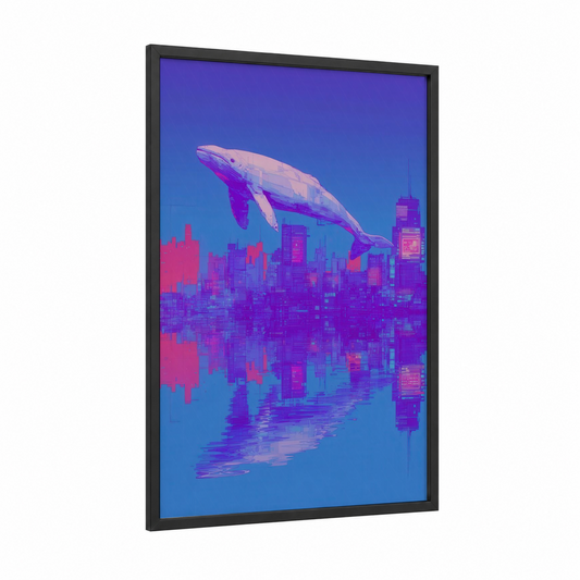 Neon Beluga framed beluga whale print — black wood frame — magenta and blue palette