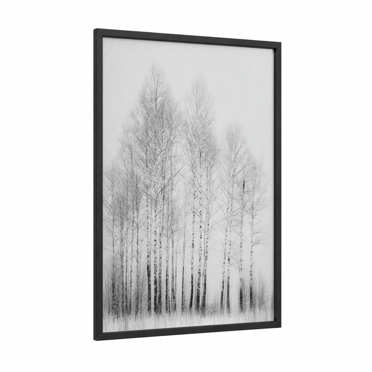 Snowy Birch Forest framed winter print — black wood frame — gray and white and black and white palette