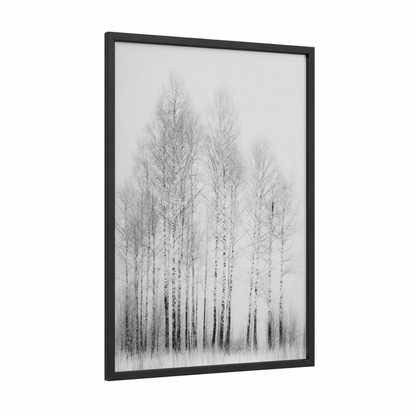 Snowy Birch Forest framed winter print — black wood frame — gray and white and black and white palette