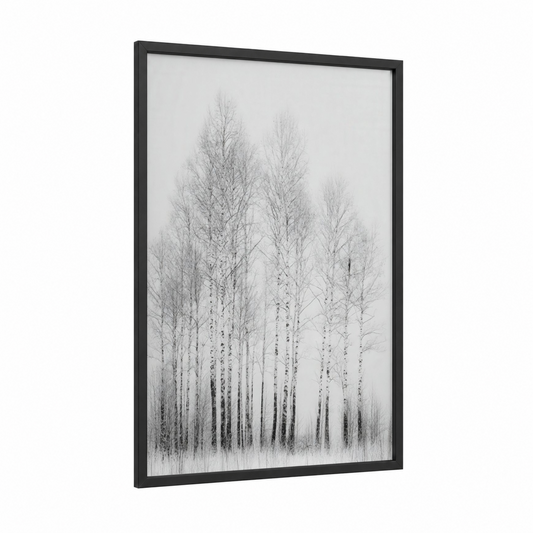 Snowy Birch Forest framed winter print — black wood frame — gray and white and black and white palette