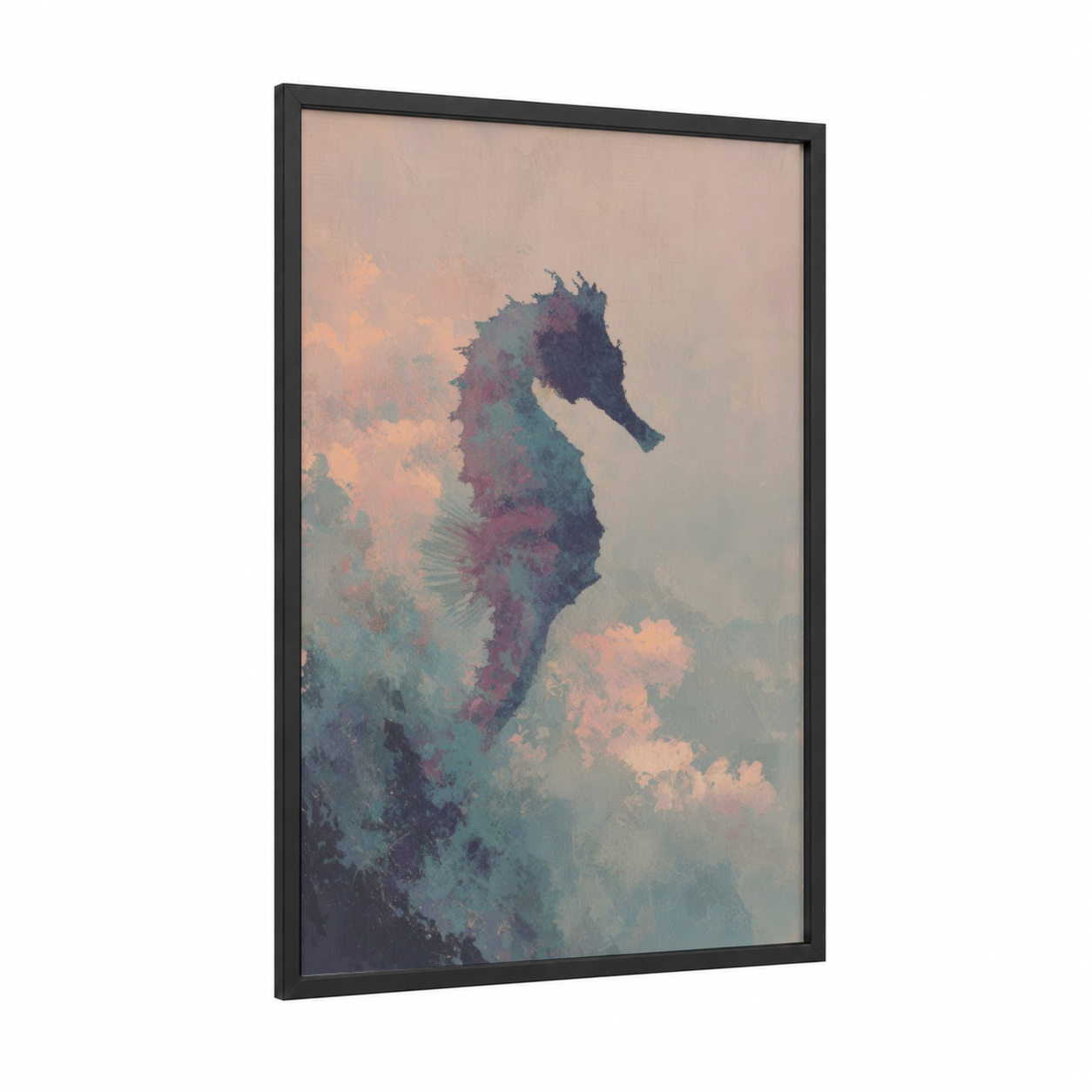 Ethereal Sea Horse framed art print — black wood frame — teal and peach palette