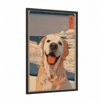 Happy Retriever Portrait framed art print — black wood frame — cream and orange palette