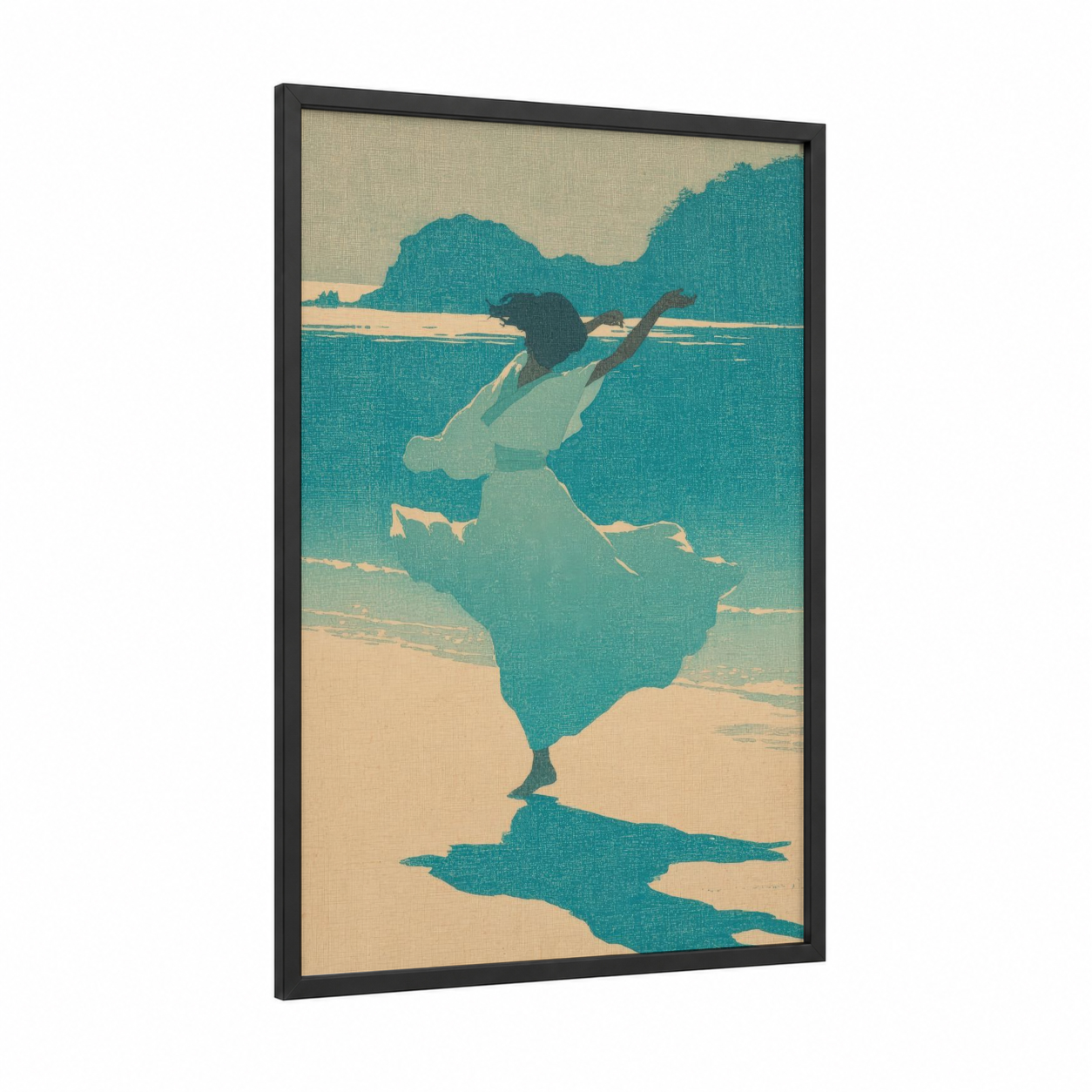 Tropical Hula Dancer framed art print — black wood frame — teal and beige palette