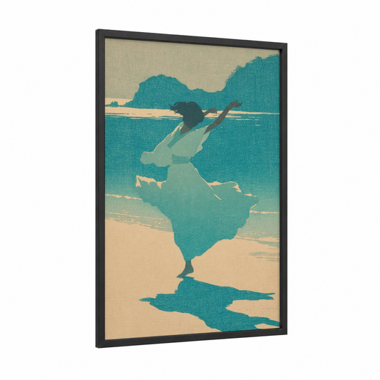 Tropical Hula Dancer framed art print — black wood frame — teal and beige palette