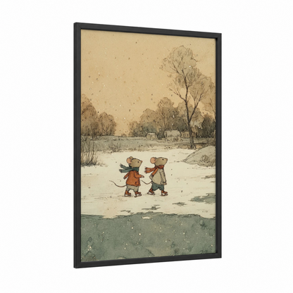 Winter Mouse Pair framed mice print — black wood frame — beige and dove gray palette
