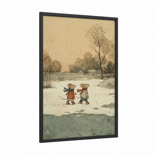 Winter Mouse Pair framed mice print — black wood frame — beige and dove gray palette