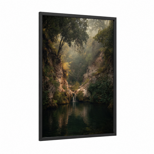 Misty Canyon Pool framed art print — black wood frame — gold and teal palette