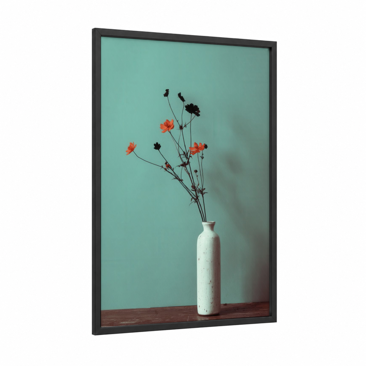Coral Minimalist Arrangement framed abstract flower print — black wood frame — peach and teal palette