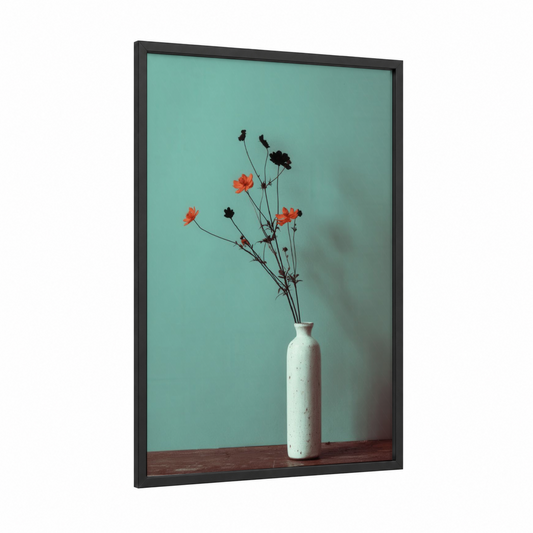 Coral Minimalist Arrangement framed abstract flower print — black wood frame — peach and teal palette