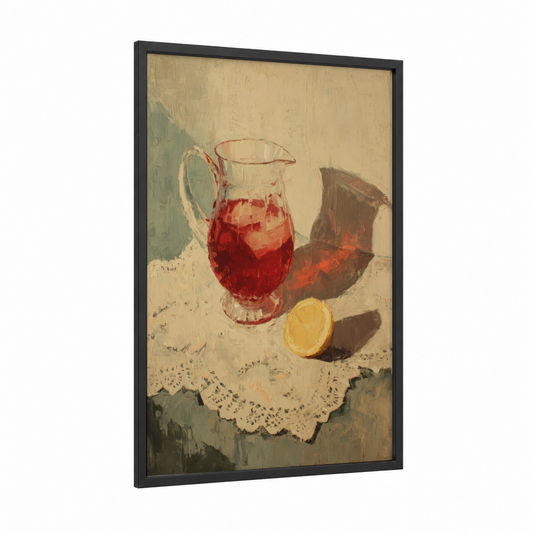 Crimson Refreshment framed iced tea print — black wood frame — red and cream palette