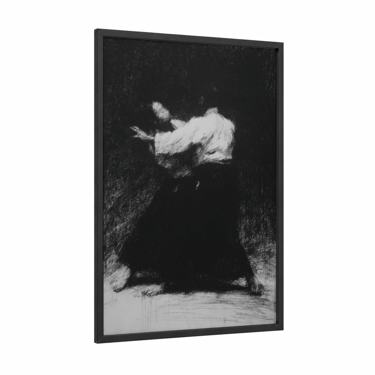Dynamic Aikido Throw framed art print — black wood frame — black and white palette