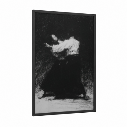 Dynamic Aikido Throw framed art print — black wood frame — black and white palette