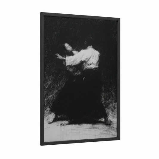 Dynamic Aikido Throw framed art print — black wood frame — black and white palette