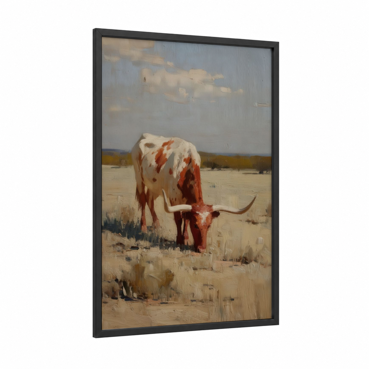 Grazing Longhorn framed longhorn cow print — black wood frame — russet and cream palette