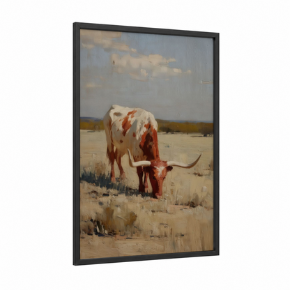 Grazing Longhorn framed longhorn cow print — black wood frame — russet and cream palette