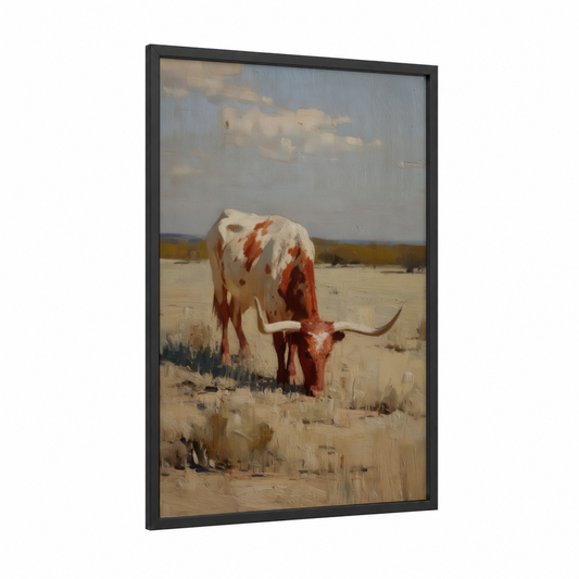 Grazing Longhorn framed longhorn cow print — black wood frame — russet and cream palette