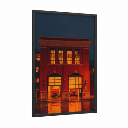 Crimson Fire Station framed art print — black wood frame — red and gold palette