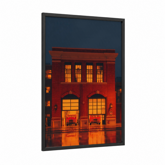 Crimson Fire Station framed art print — black wood frame — red and gold palette