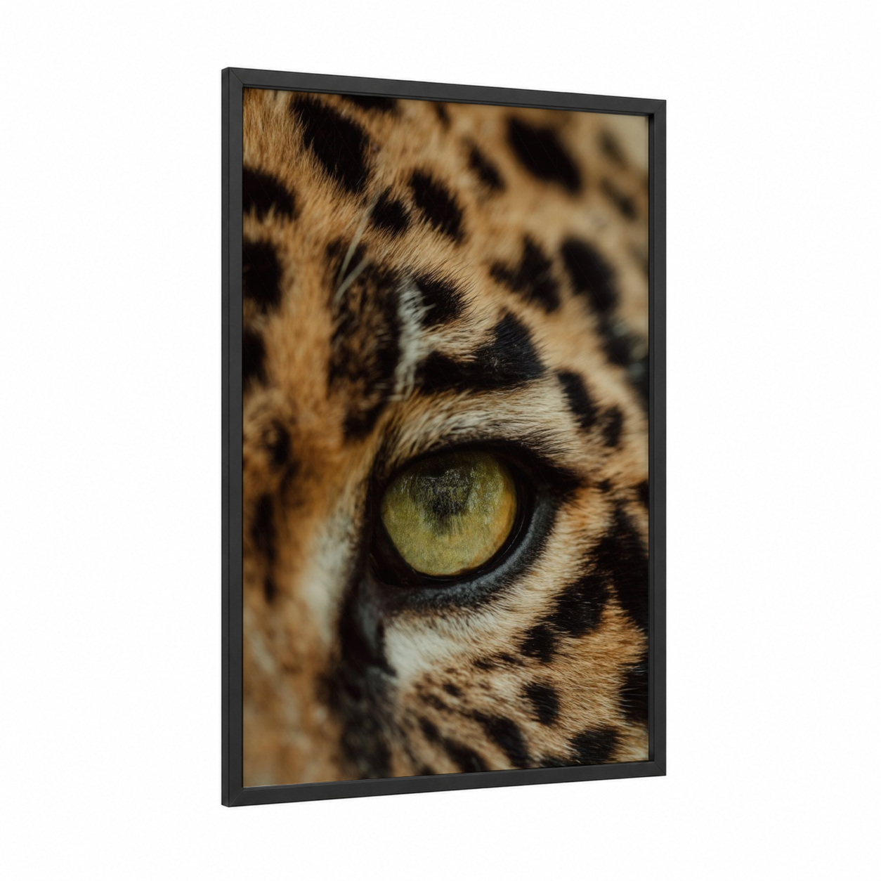 Golden Jaguar Eye framed art print — black wood frame — brown and gold palette