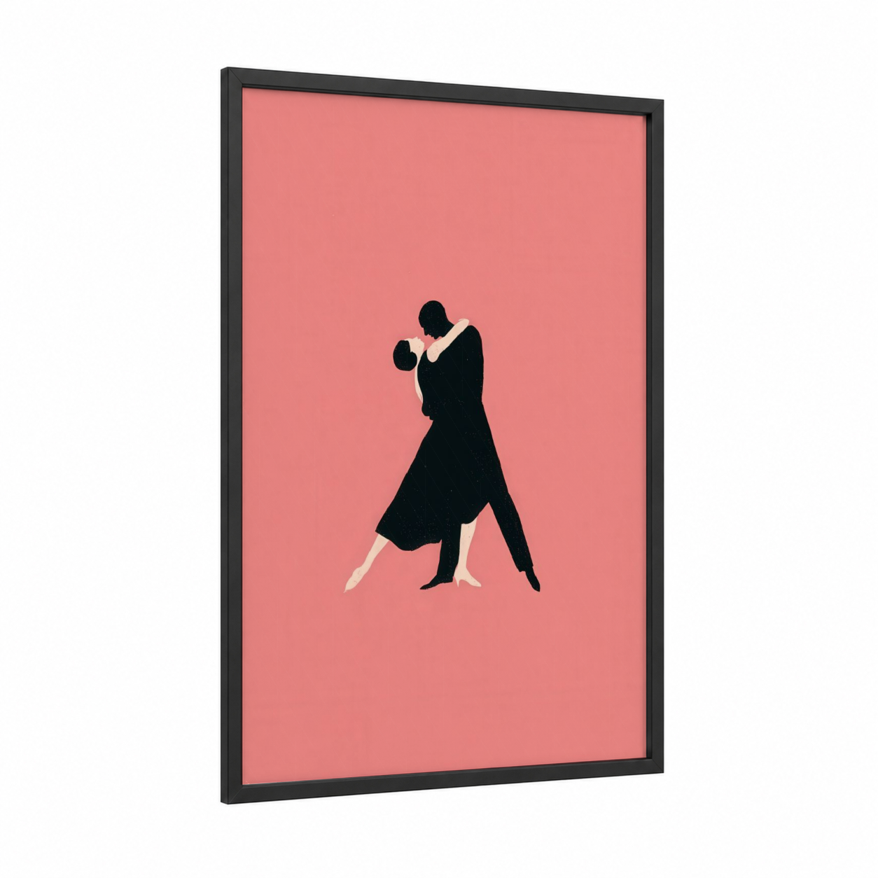 Elegant Ballroom Pair framed ballroom dance print — black wood frame — salmon pink and black palette