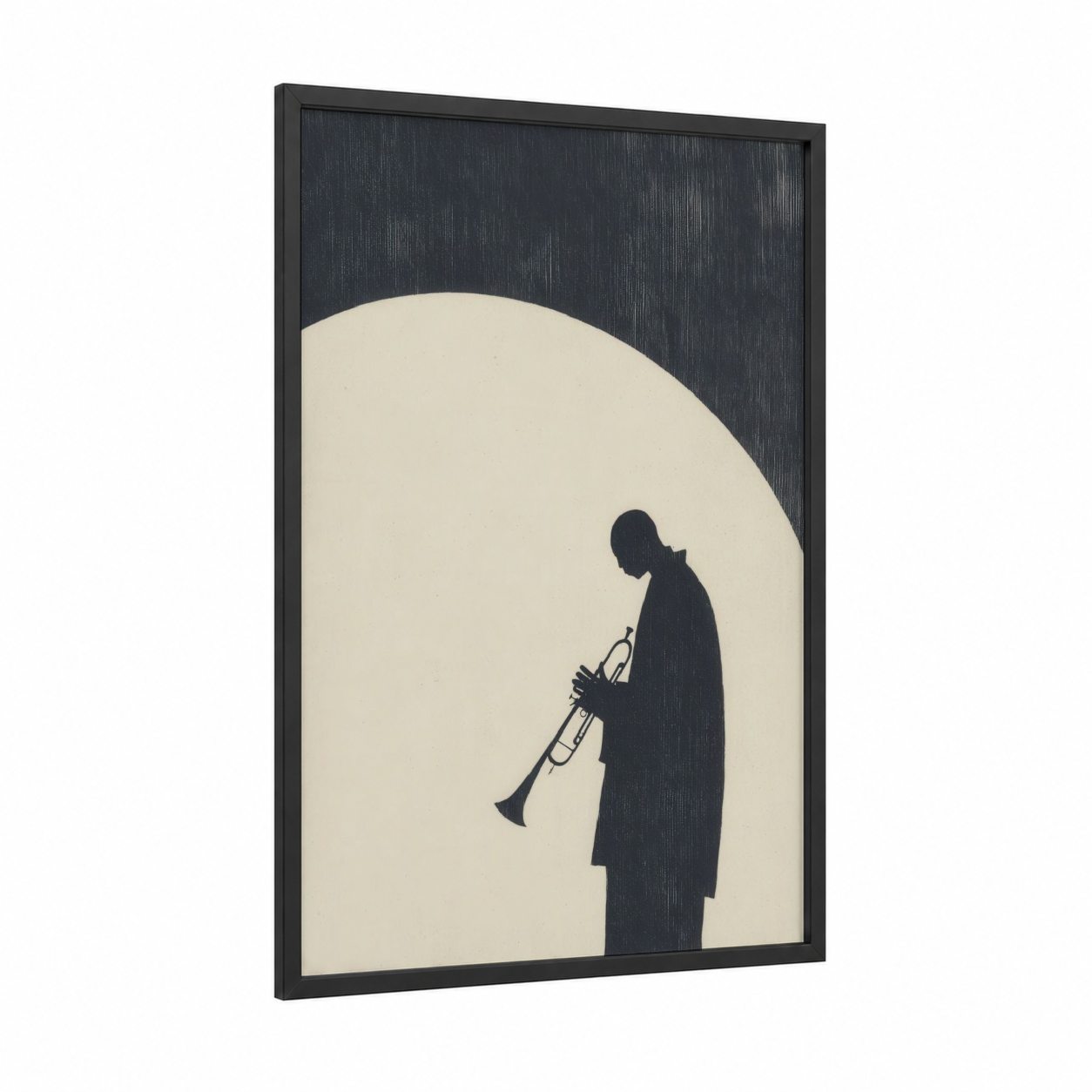 Moonlit Trumpet framed jazz print — black wood frame — black and white and cream palette