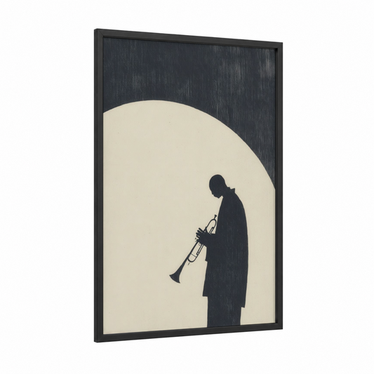Moonlit Trumpet framed jazz print — black wood frame — black and white and cream palette