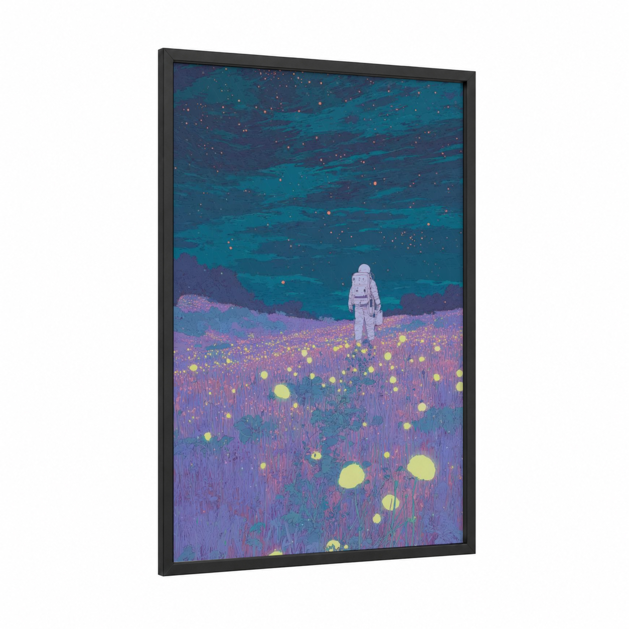 Cosmic Astronaut framed art print — black wood frame — blue and purple palette