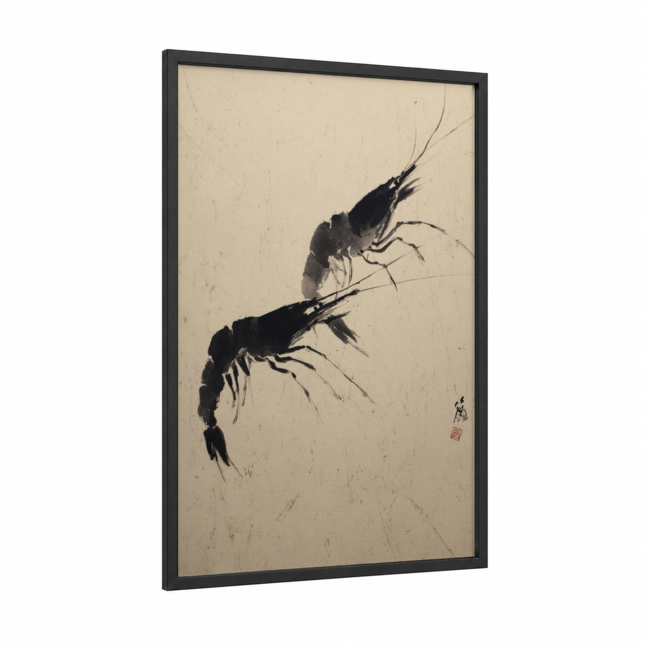Brushstroke Shrimp framed seafood print — black wood frame — black and white and cream palette