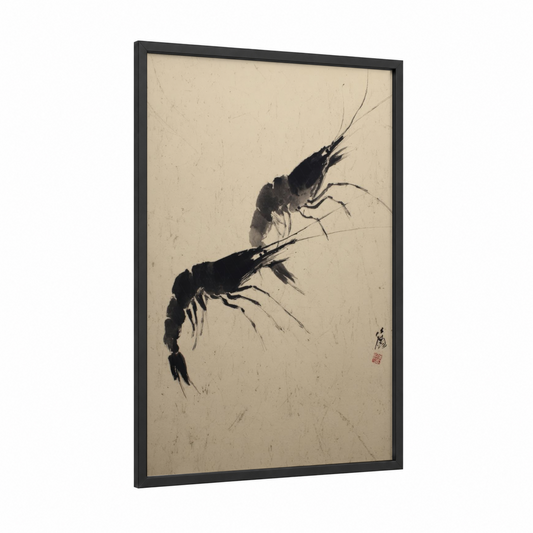 Brushstroke Shrimp framed seafood print — black wood frame — black and white and cream palette