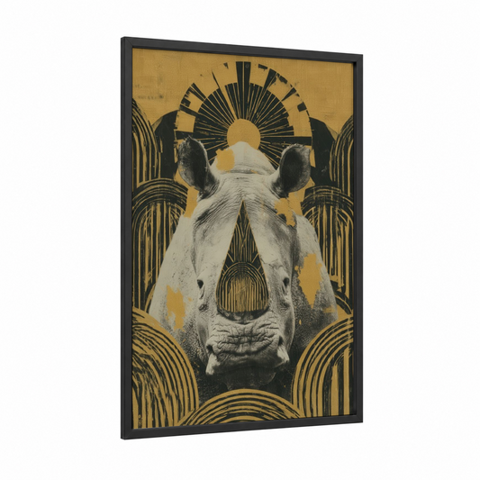 Golden Rhino framed art print — black wood frame — gold and black and white palette