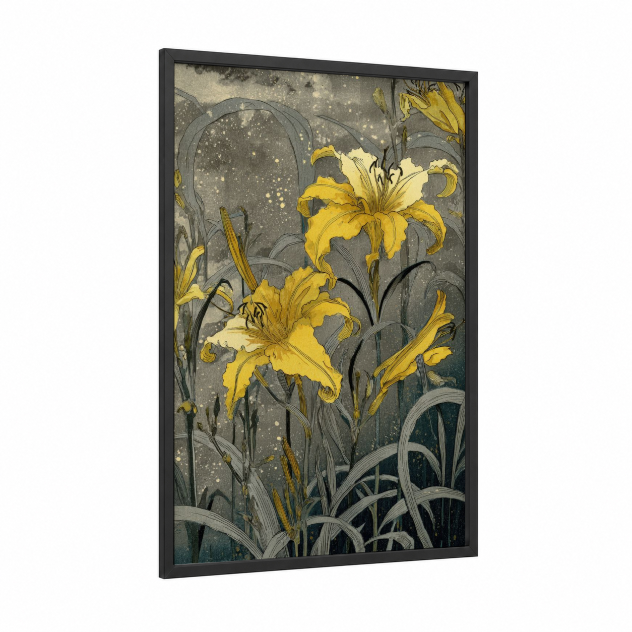 Golden Amarillys framed art print — black wood frame — yellow gold and dove gray palette