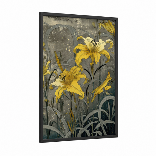 Golden Amarillys framed art print — black wood frame — yellow gold and dove gray palette